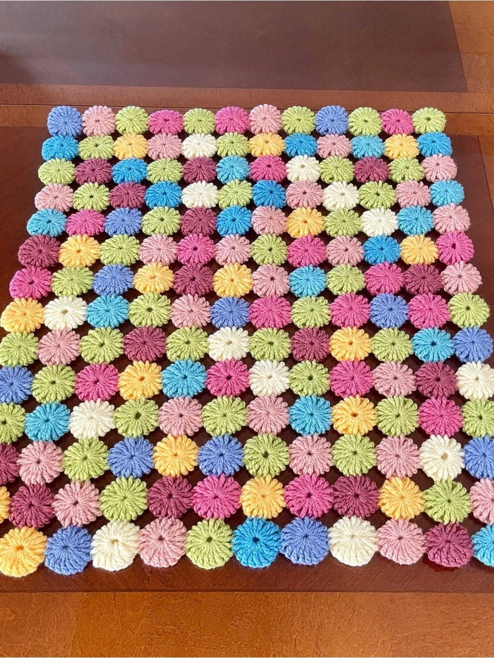 Handmade Pom‑Pom Crochet Throw Blanket, Multicolor Pastels, Acrylic, 25” x 29”